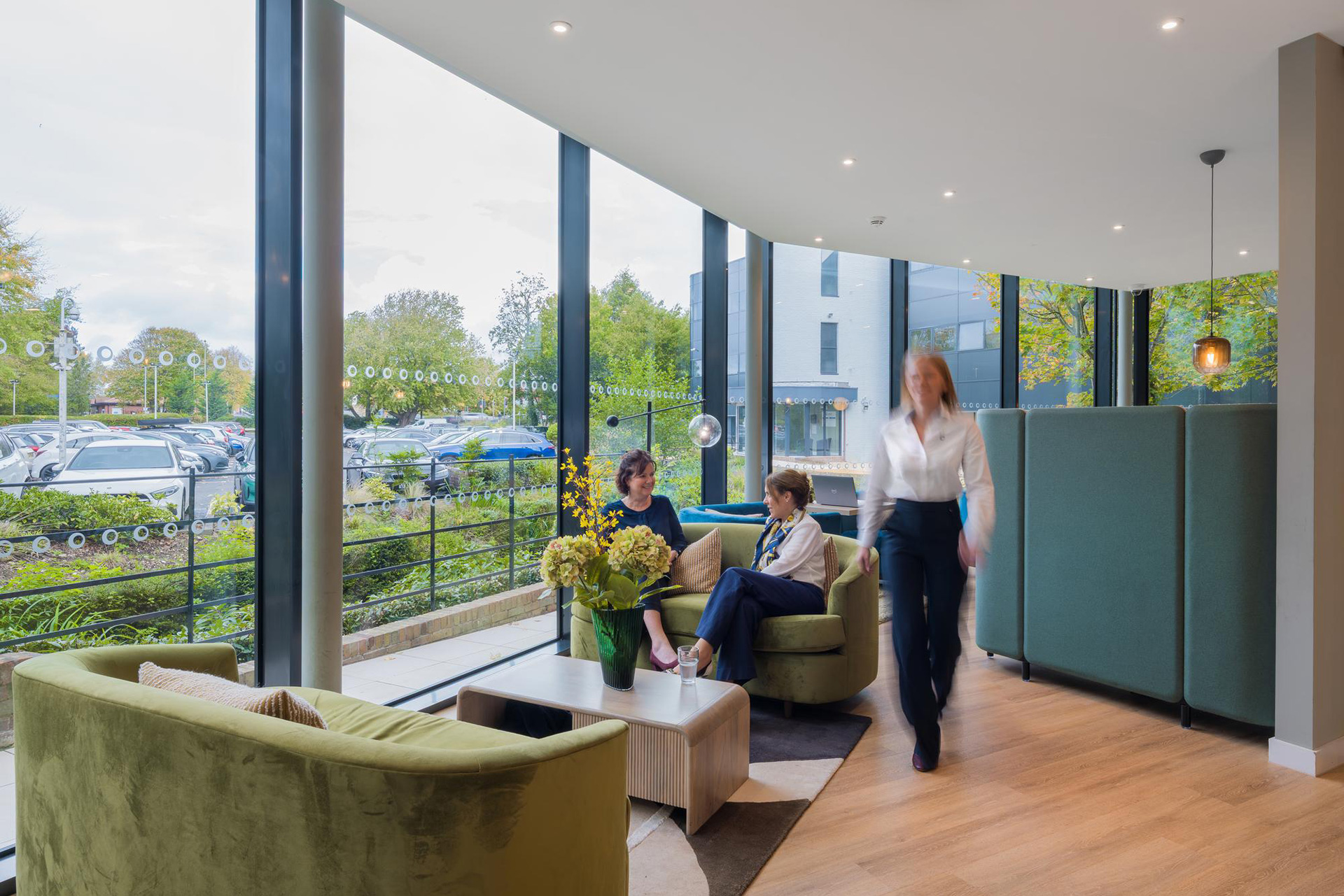 commercial interior office seating break out space with large windows