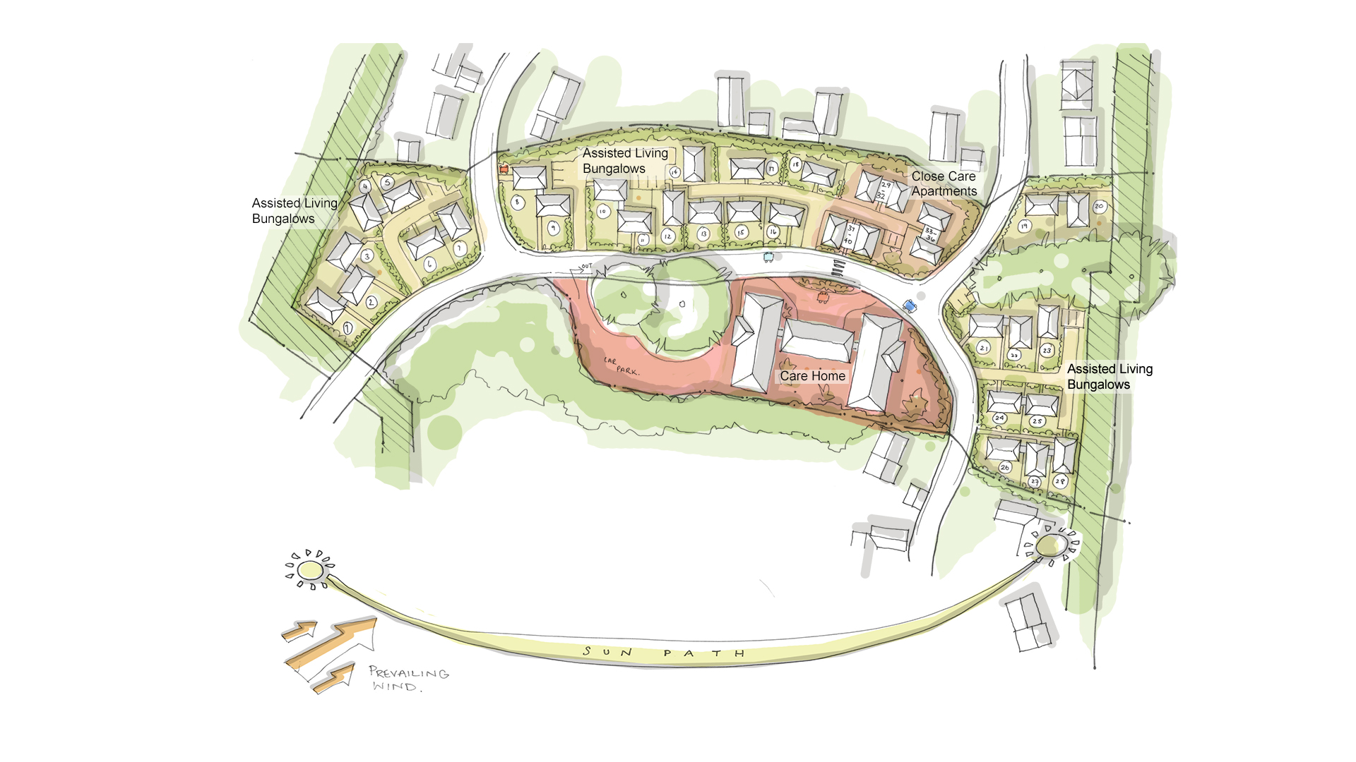 new care home site plan with assisted living bungalows and care home