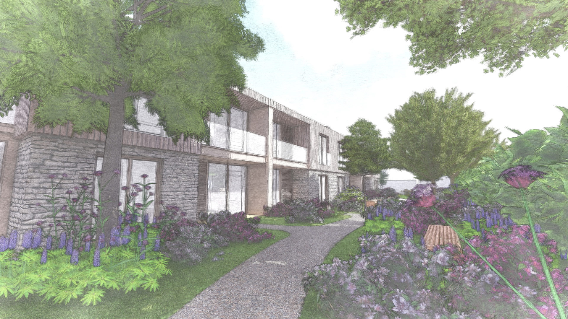 Western Design Architects visual of new care home rear view with path through the landscape gardens
