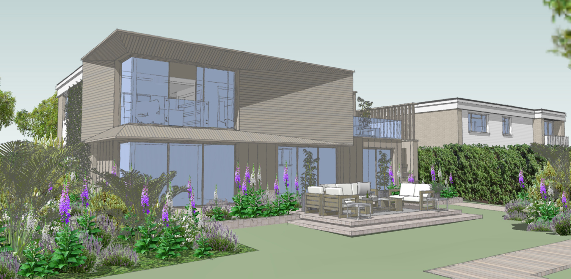 Western design architect 3d sketch visual of a rear timber clad house extension with patio area in garden