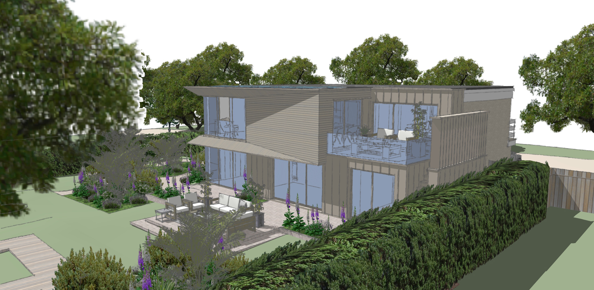 sketch 3d visual of extension for house with timber cladding and balcony on first floor