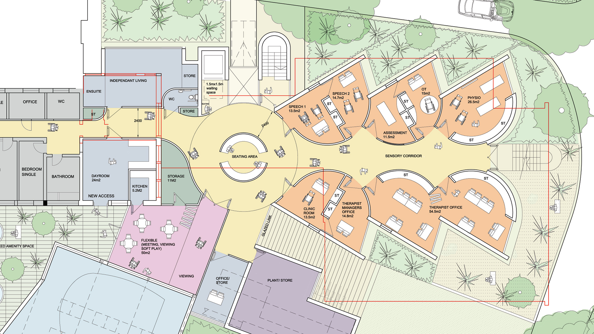 Western Design Architects first floor plan of therapy, recovery and wellbeing centre at VEC therapy