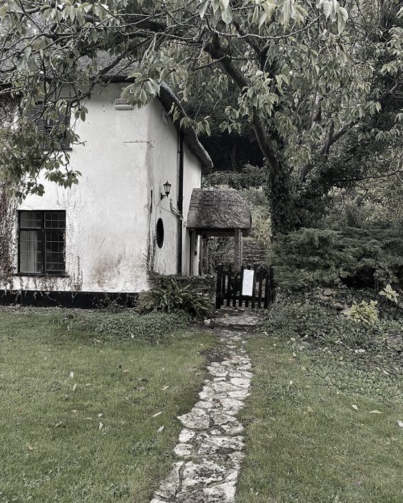 before photo of side view of house with thatched porch
