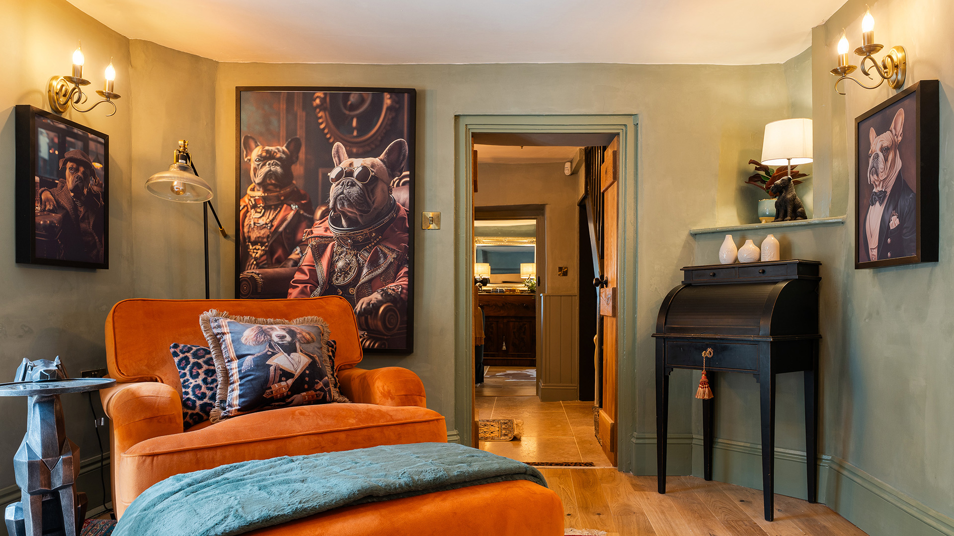 Residential living room leading to hallway with bold decorations