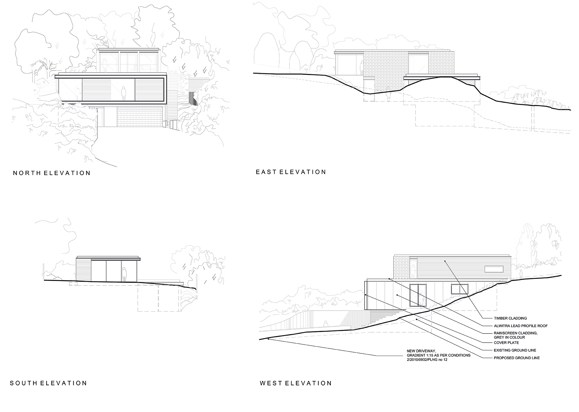 Residential house elevations in black and white