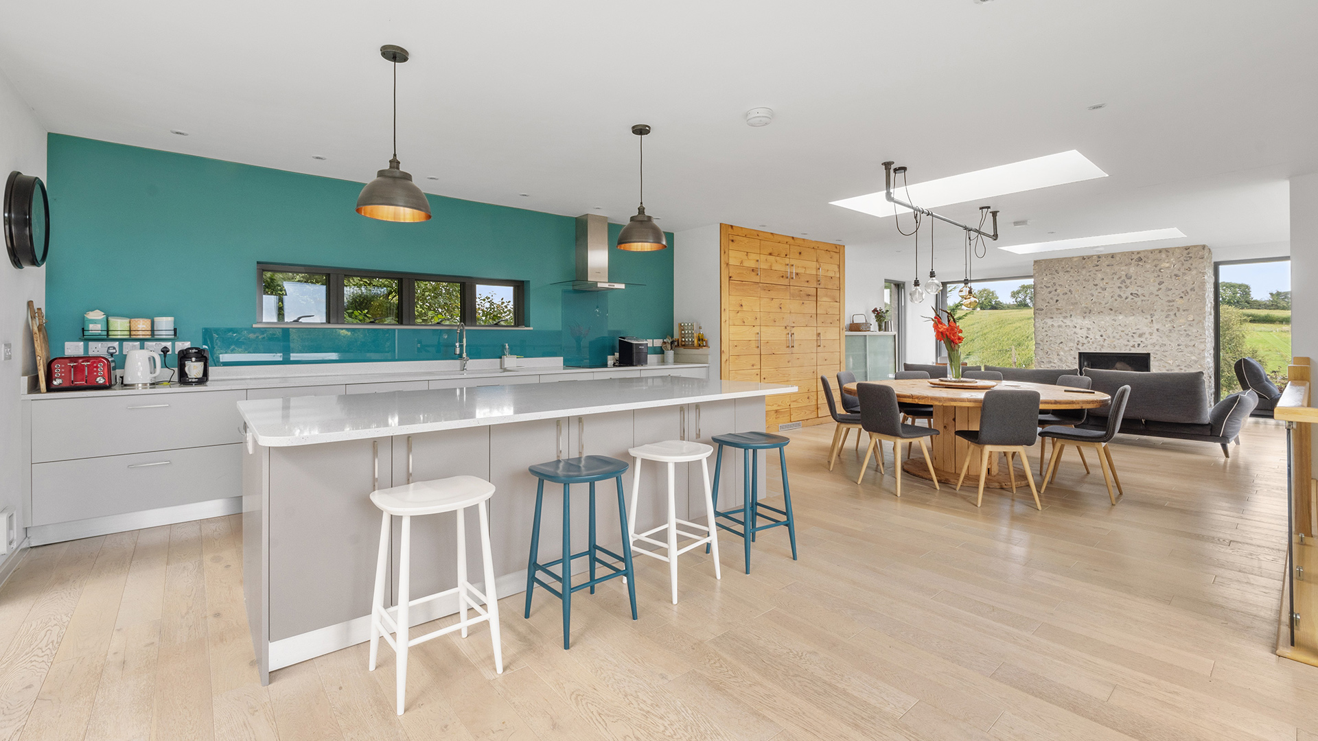 open plan modern kitchen living room in residential new house