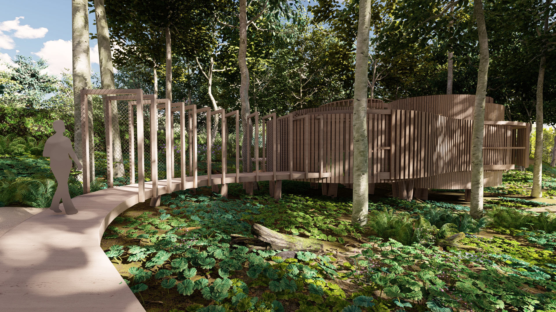 visual of new home in trees with a walkway platform to the front door