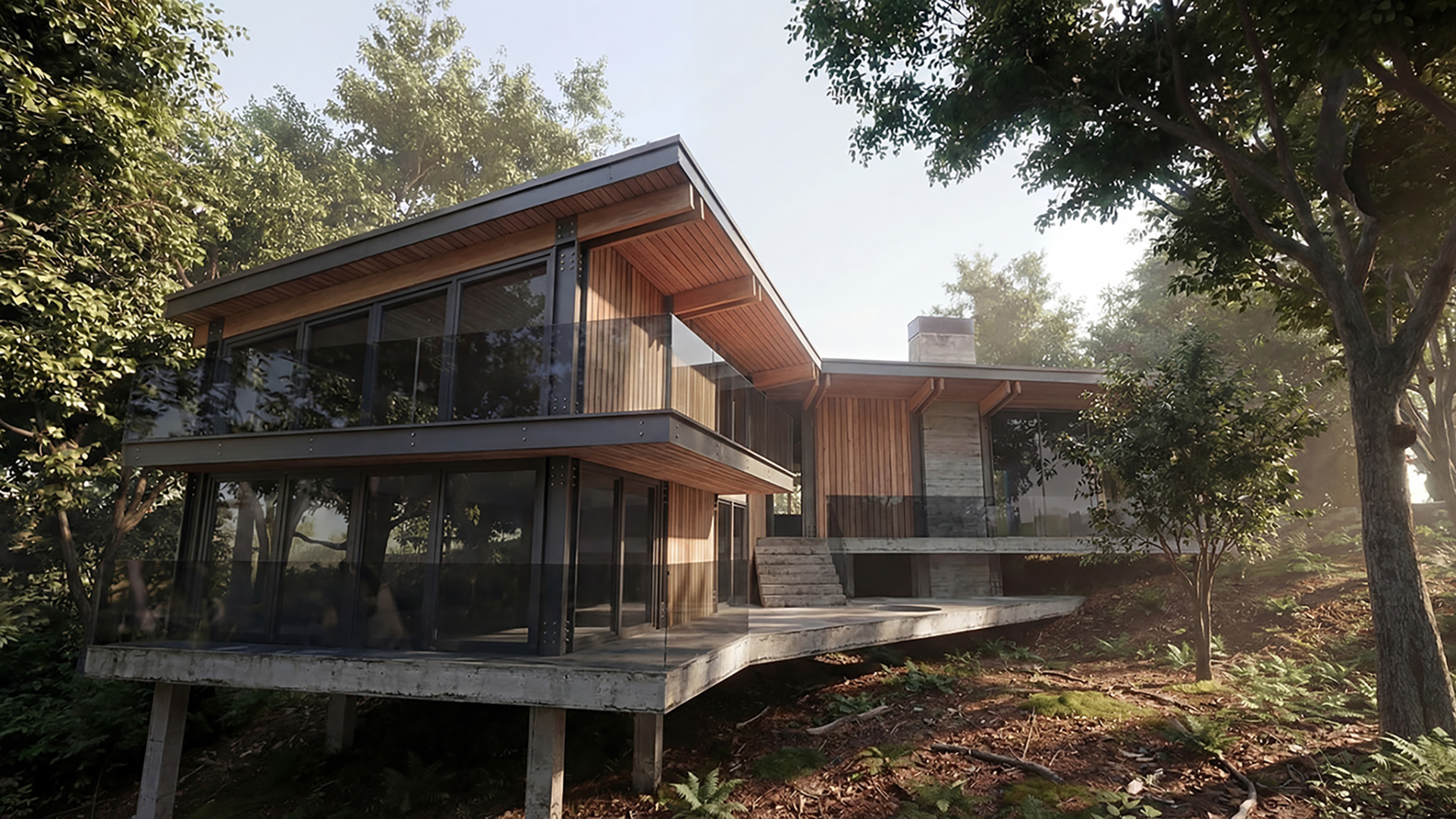 visual of residential tree house rear view with balcony