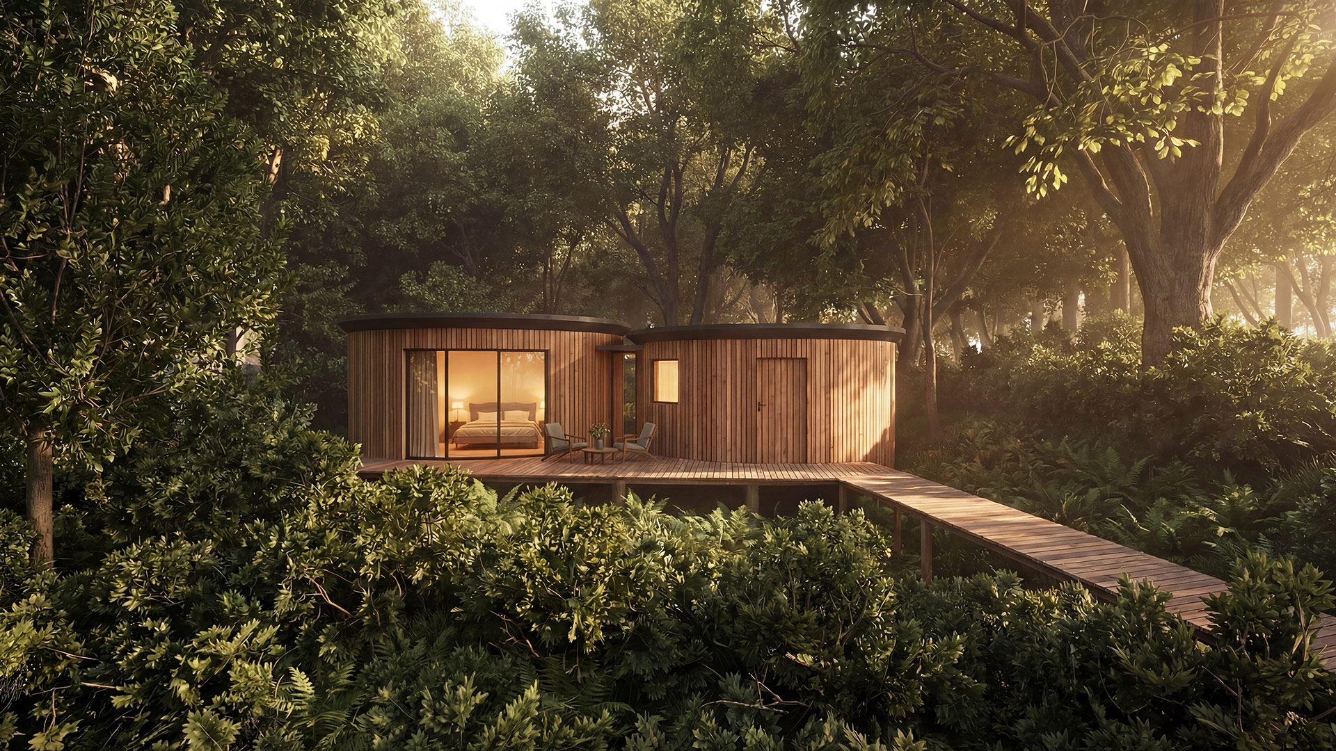 Visual of residential treehouse with walkway to pods