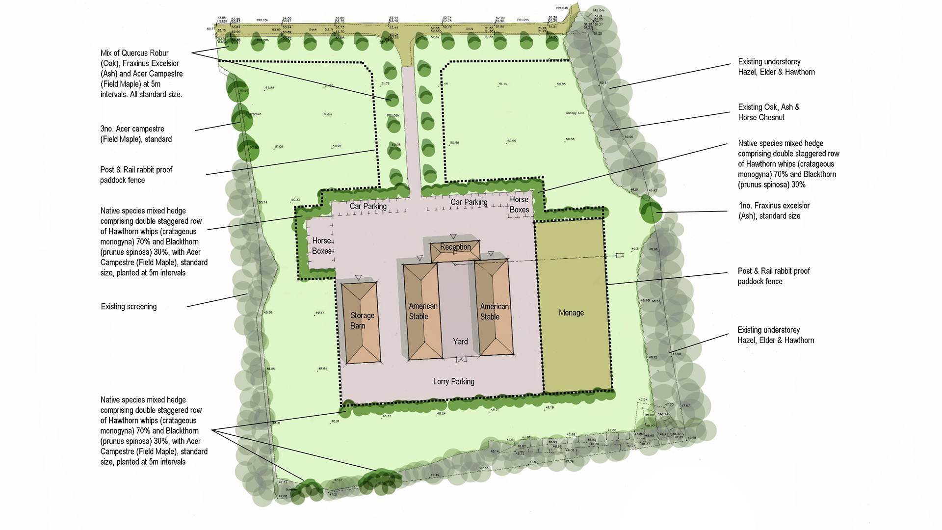 Proposed stables site plan with American Stables and outdoor Menage