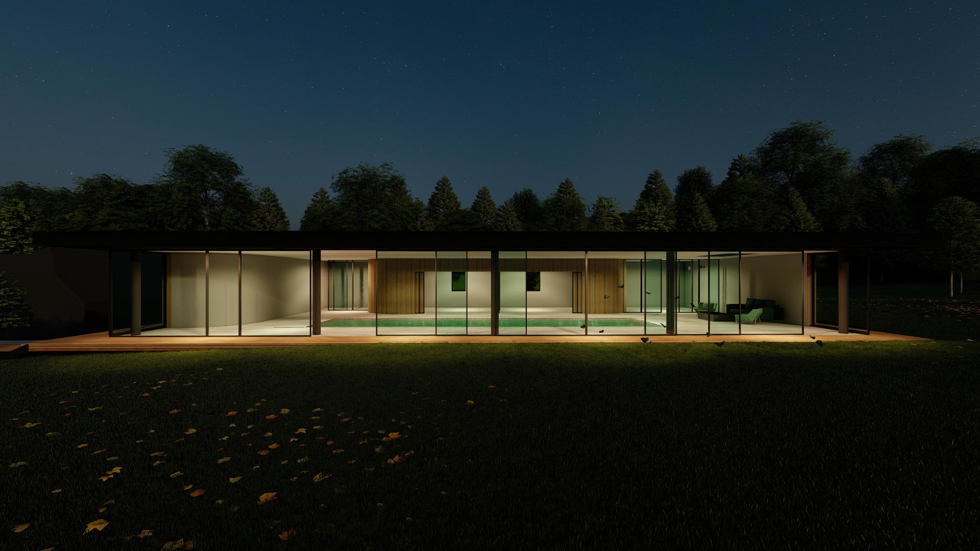 Visual of residential swimming pool at night with lights on