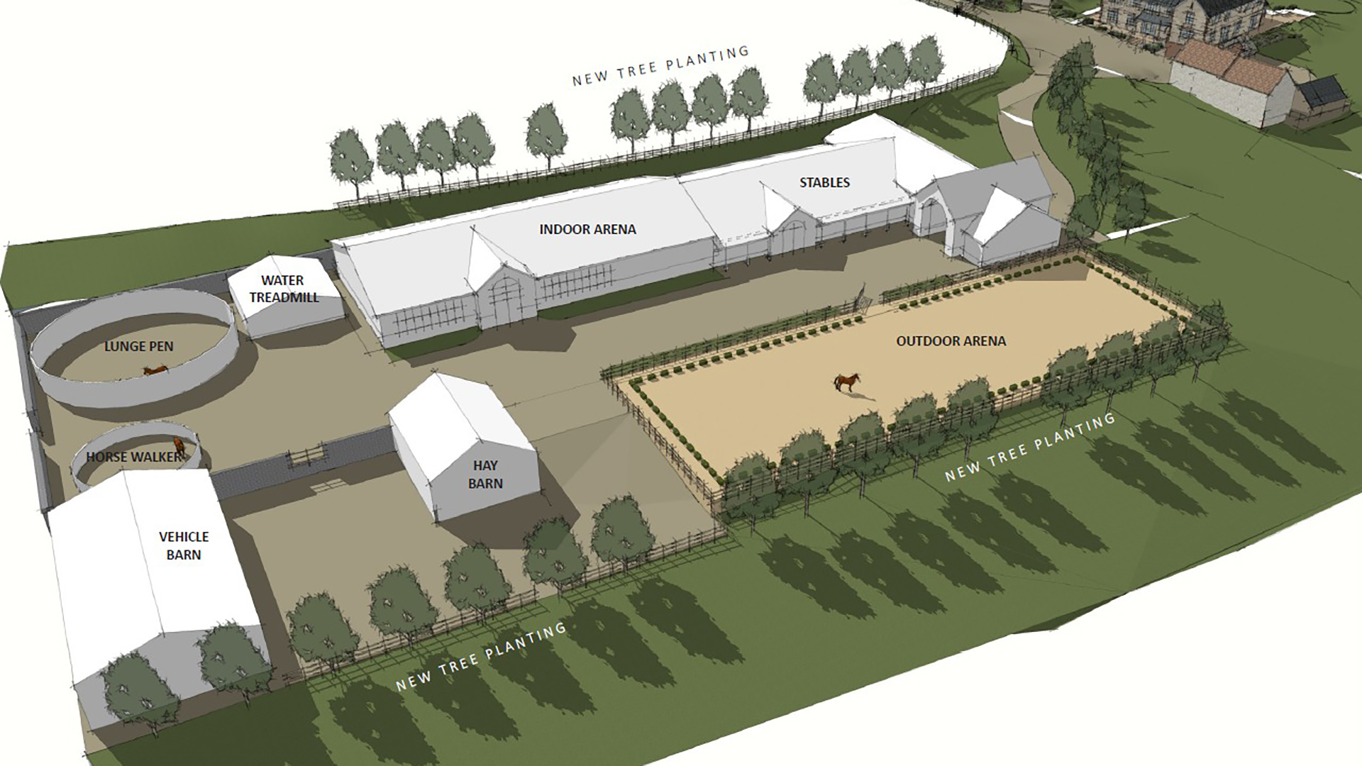 concept scheme of equestrian centre including indoor stables and outdoor arena