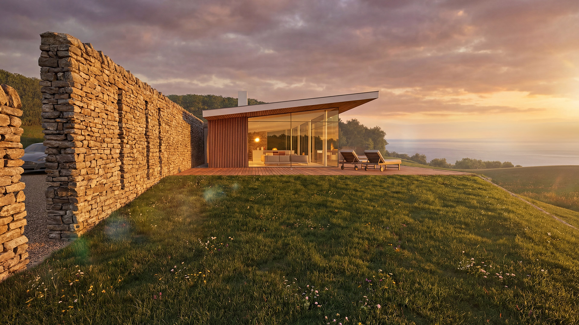 Visual of contemporary residential house on hill with Purbeck stone wall and beautiful sea views