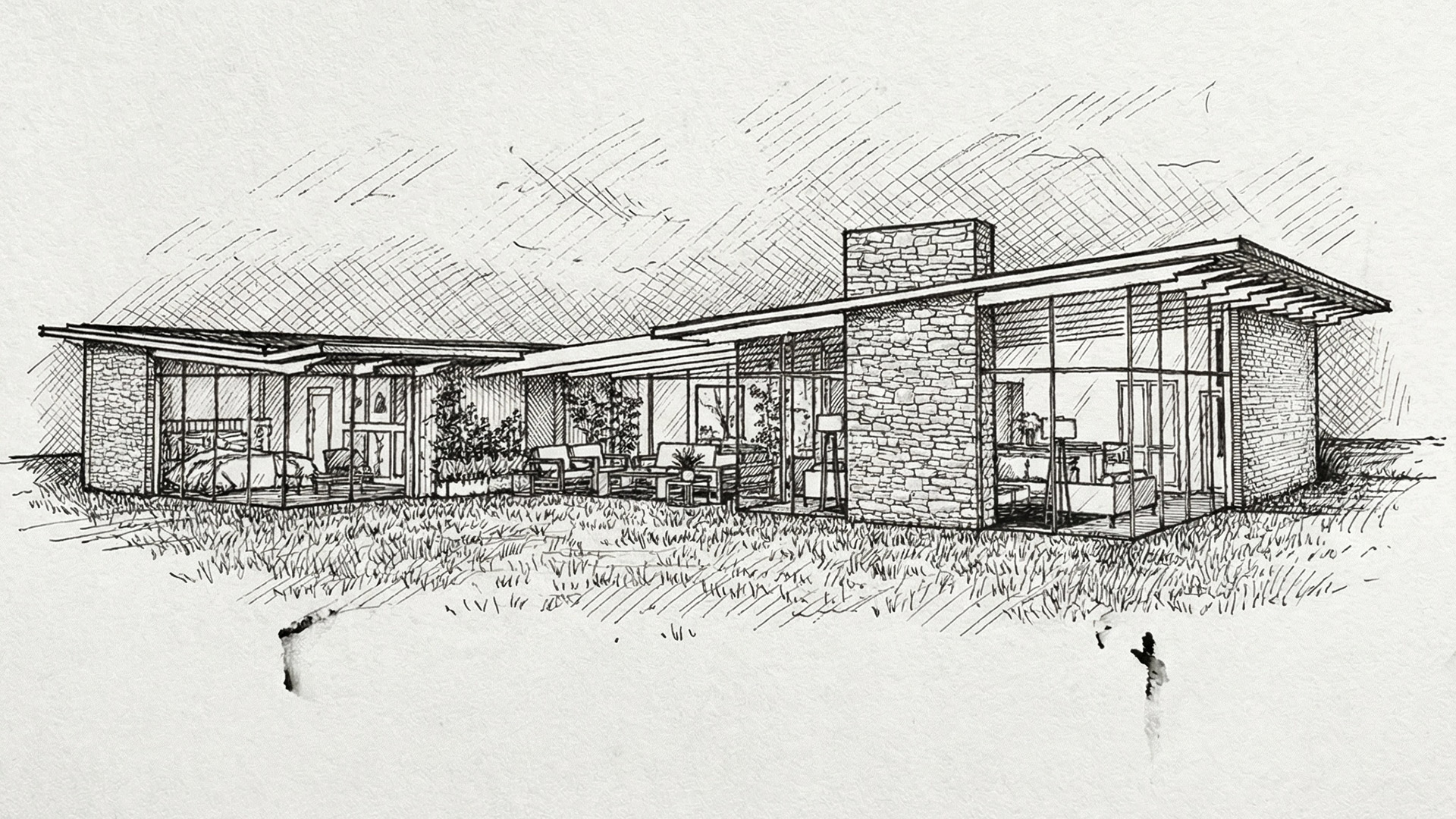 Sketch of residential house with stone cladding and large glass windows and mono-pitch roof