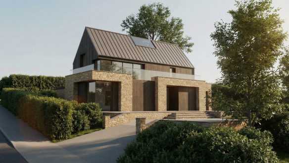 Visual of residential house with stone render, aluminium windows and timber cladding