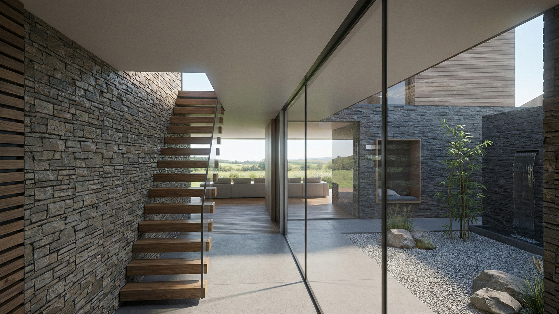 Internal visual of residential house with glass wall looking to internal courtyard