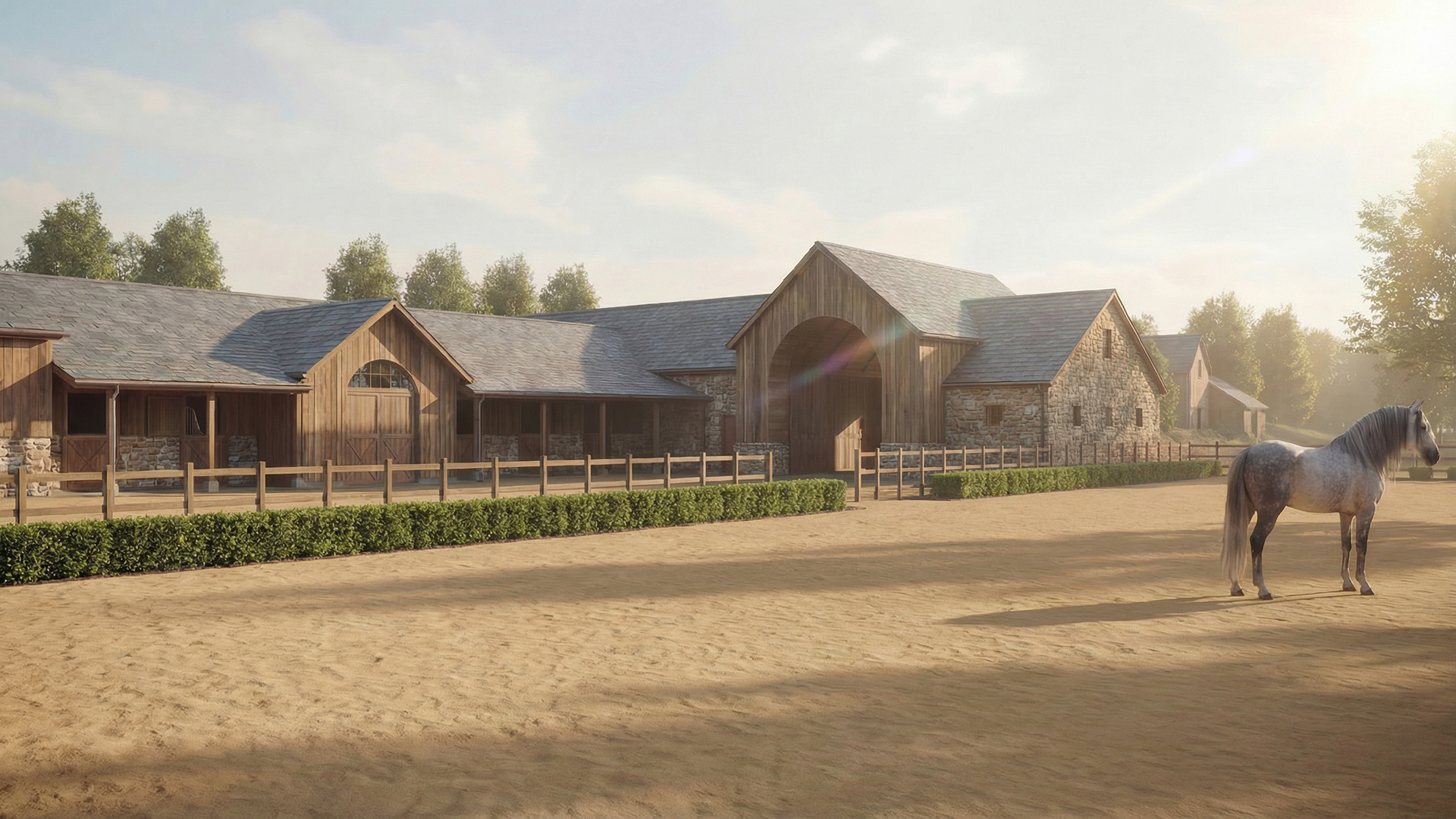 Visual of West Dorset farm stables with stone walls and timber cladding