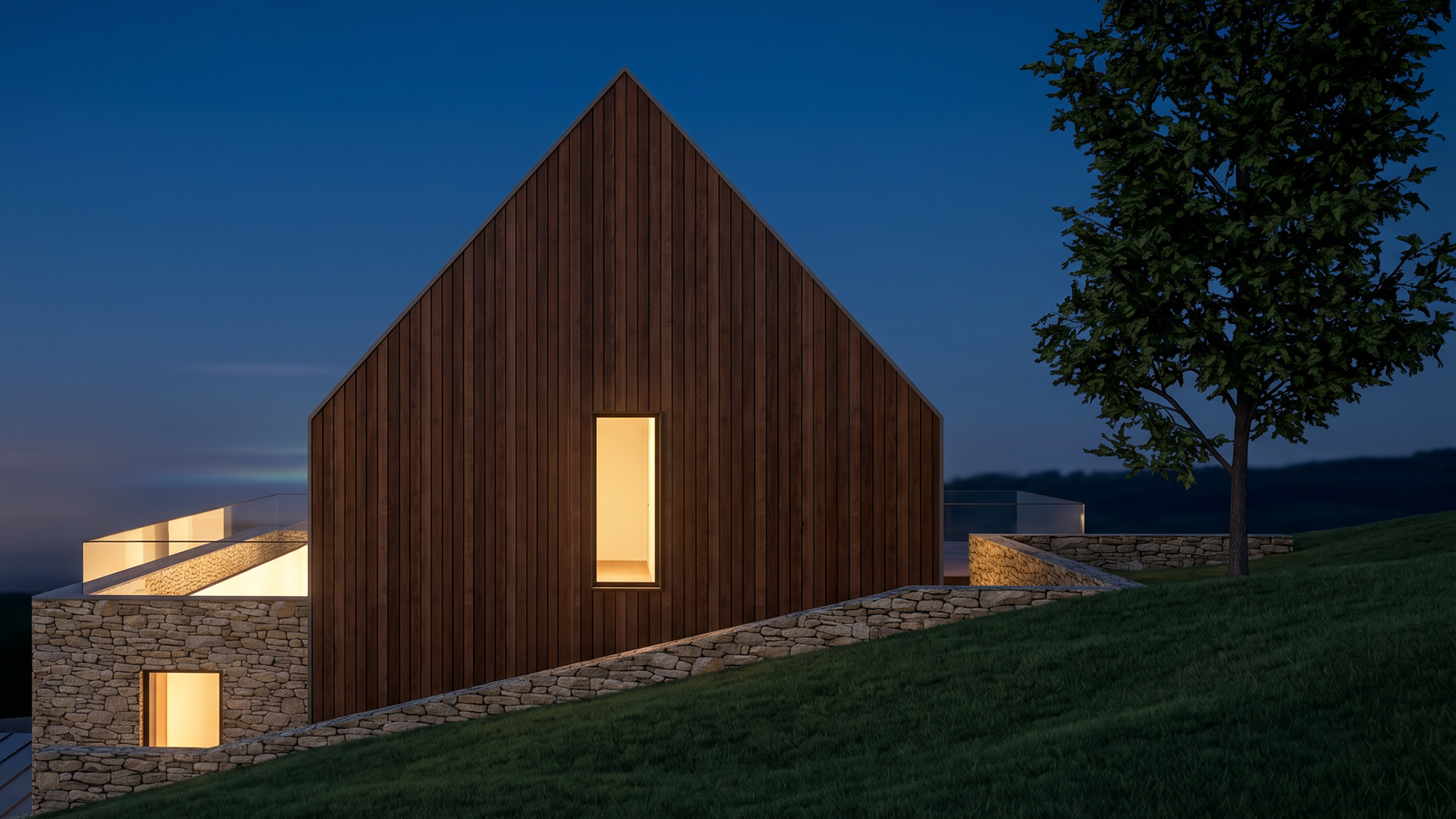 Visual of timber clad new house at night with lights on internally