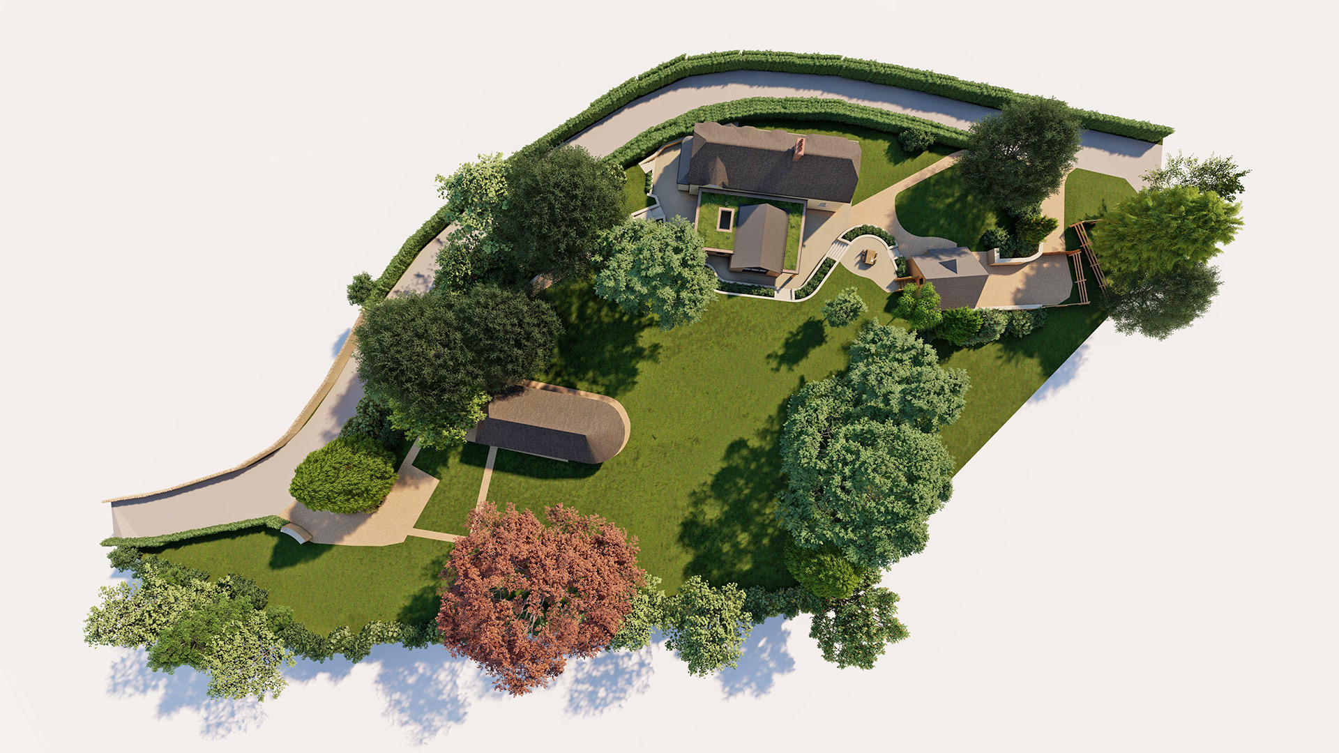 visual aerial site plan of thatched cottage and new landscaping