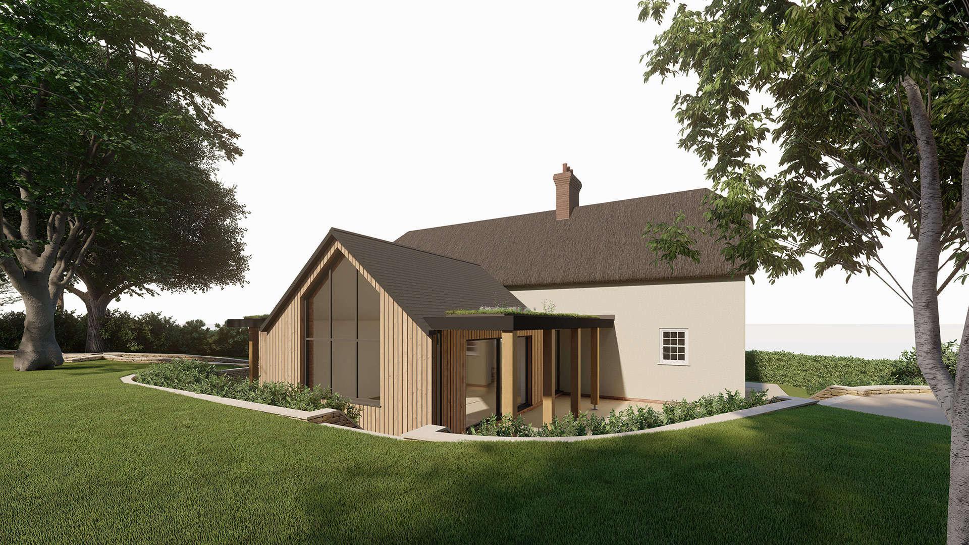 rear view visual of timber clad gable and new thatched cottage
