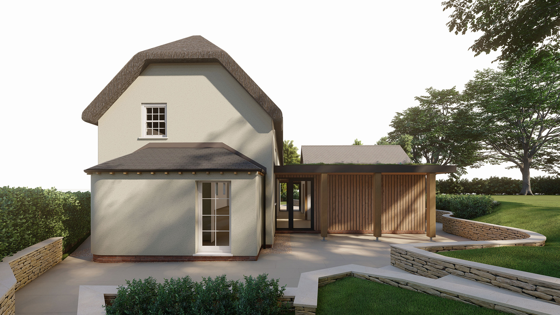 visual of side elevation of a new thatched house with timber clad single storey.