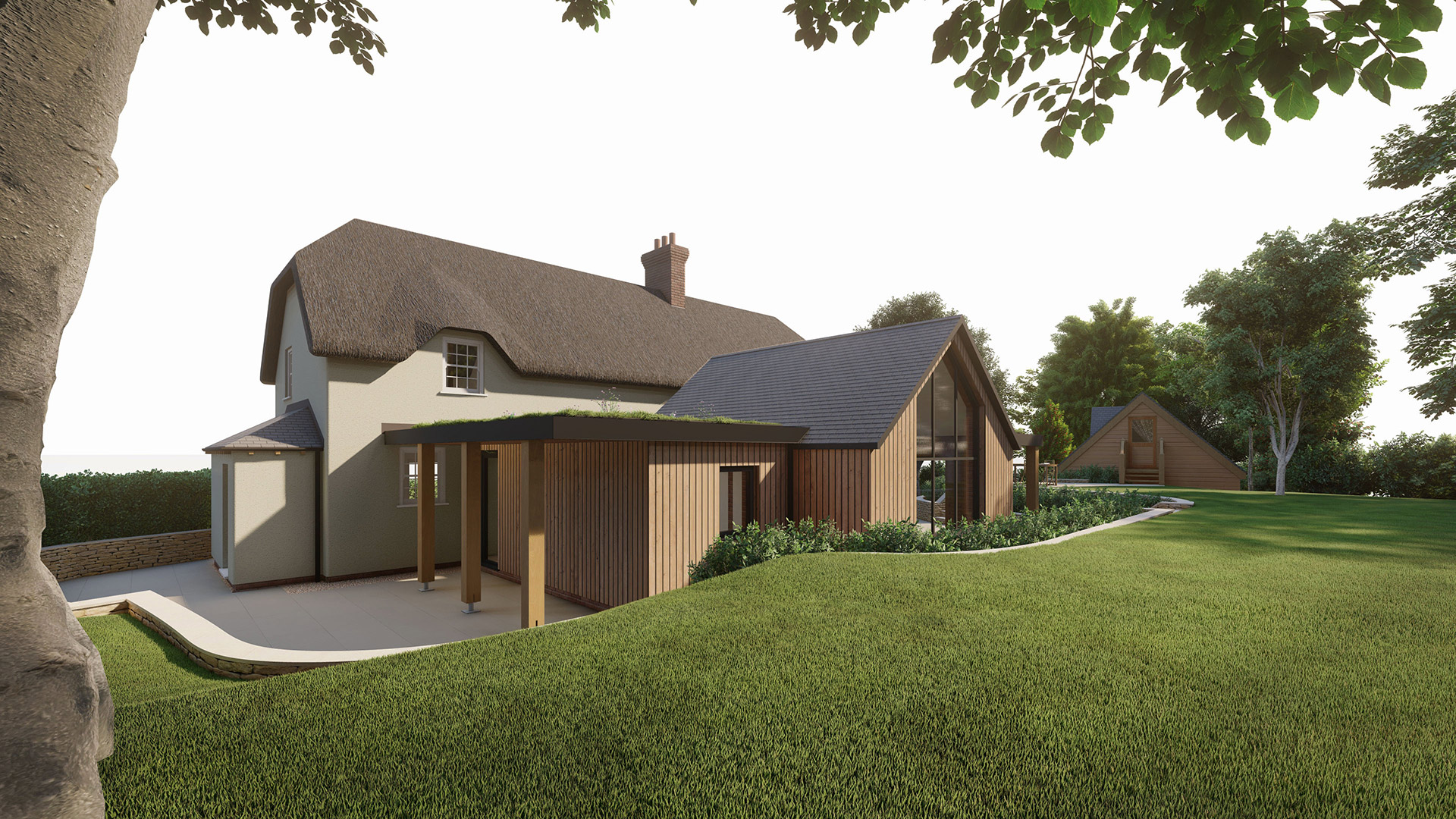 visual of rear view of new thatched house with contemporary single storey