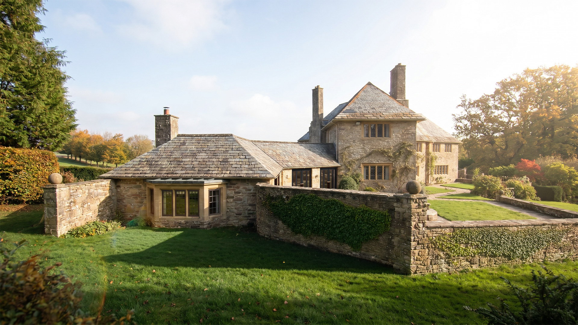 visual of side view of large heritage listed house with extension
