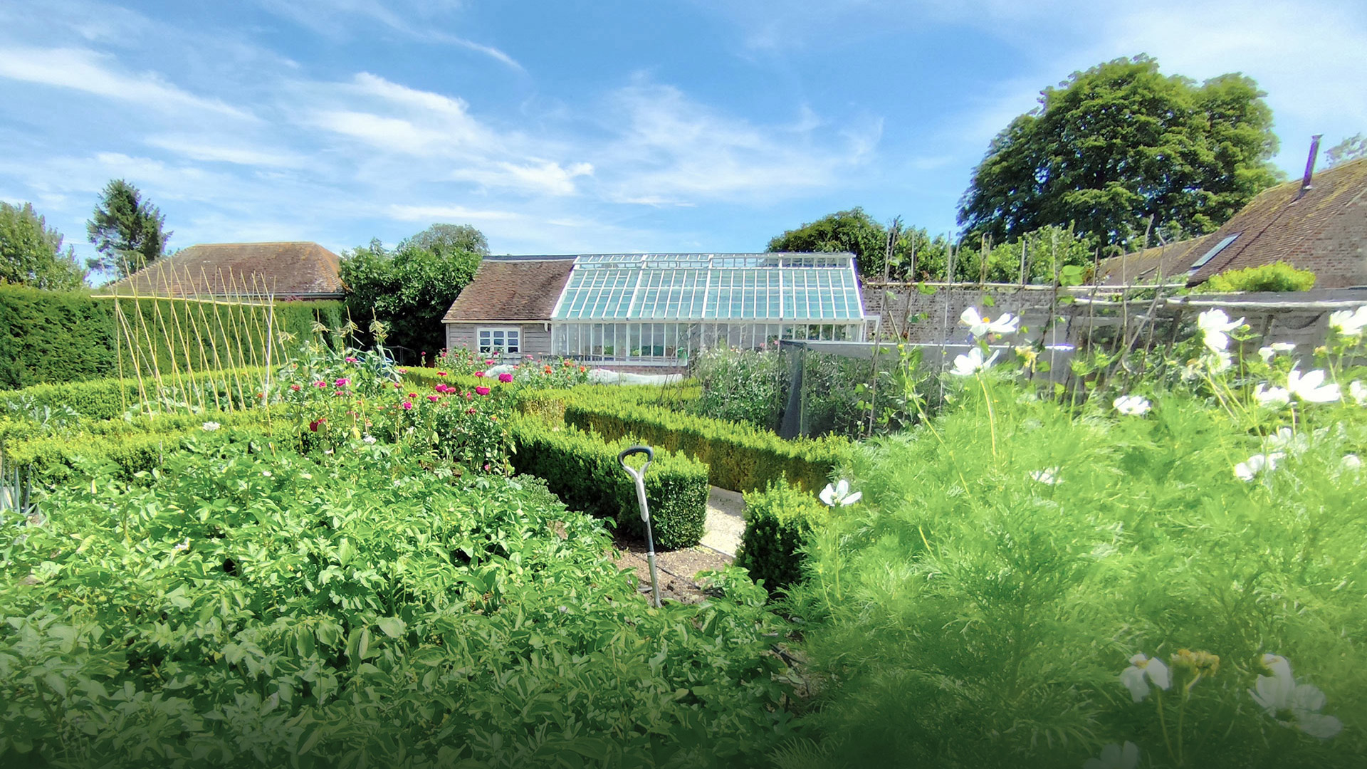 Attractive walled garden with traditional greenhouse
