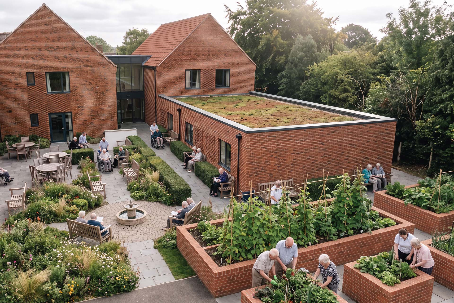 visual of rear of care home with single storey and two storey brick extension